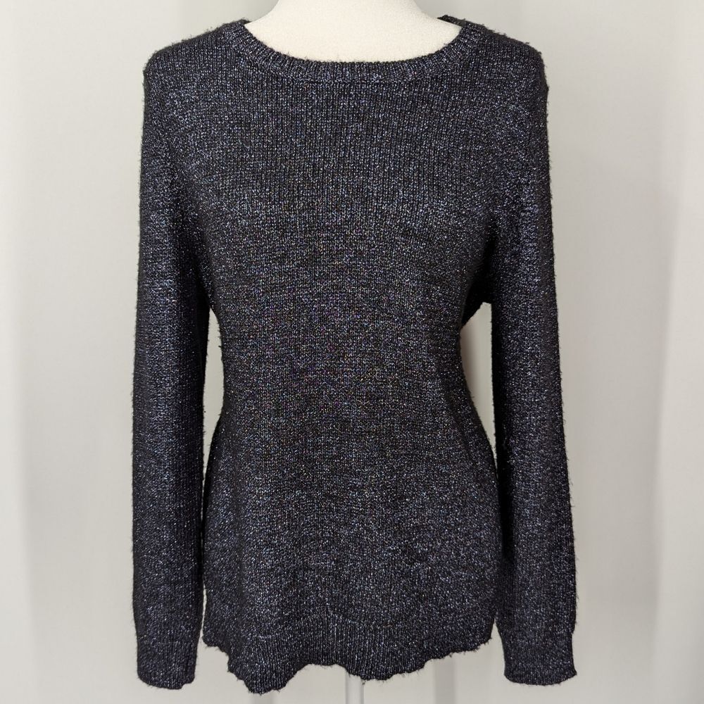 Lord & Taylor Women's Wool Black Metallic Blue Knit Scoop Neck Sweater Large